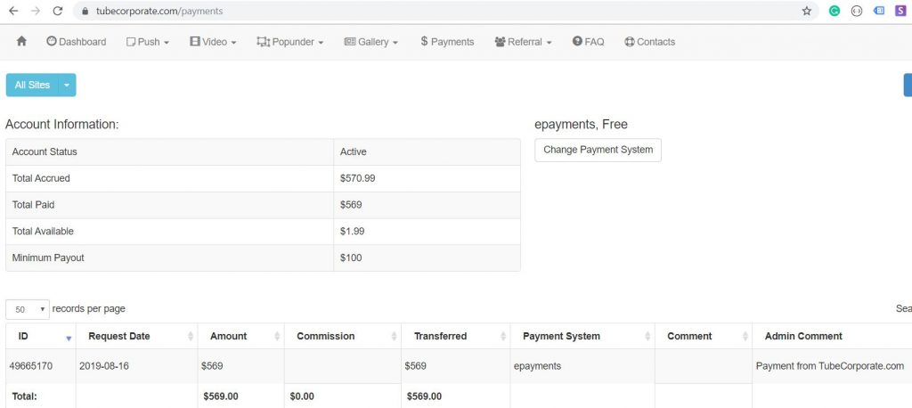 Tube Corporate payment proof