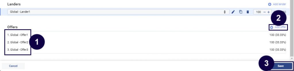 In A/B Test Offers panel you may add more than one offer (1-2) and save (3) it to distribute traffic to all added offers