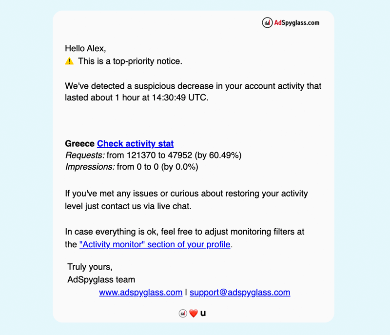 Also, I've set up Traffic Analyzer notifications to get an email every time there is a significant change. Now I get an instant email alert with a link to the report where all traffic jumps and its reasons are clearly visible. 