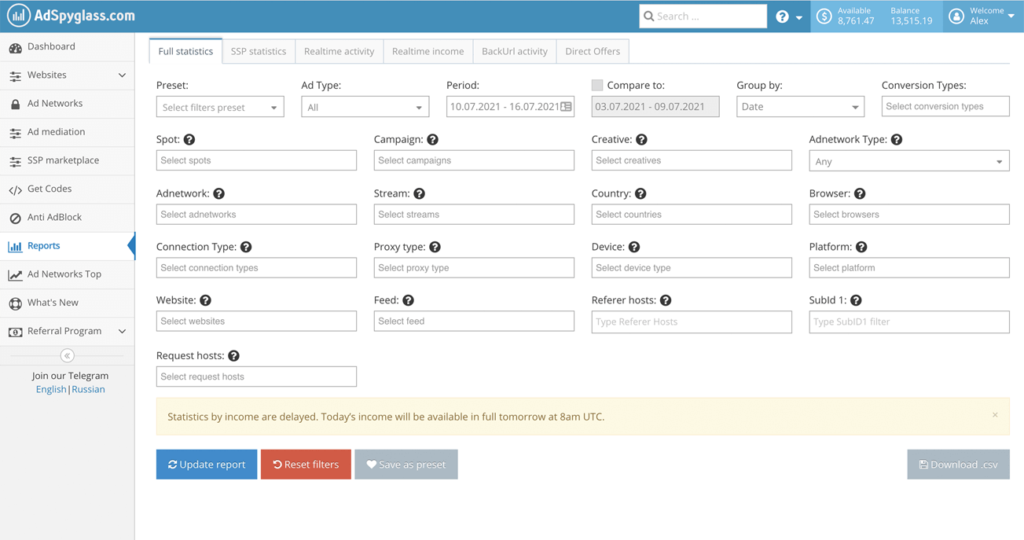 It occurred that AdSpyglass has its own inbuilt stats monitoring & reporting tool. After playing with settings, I've managed to configure its monitoring system just according to my needs.